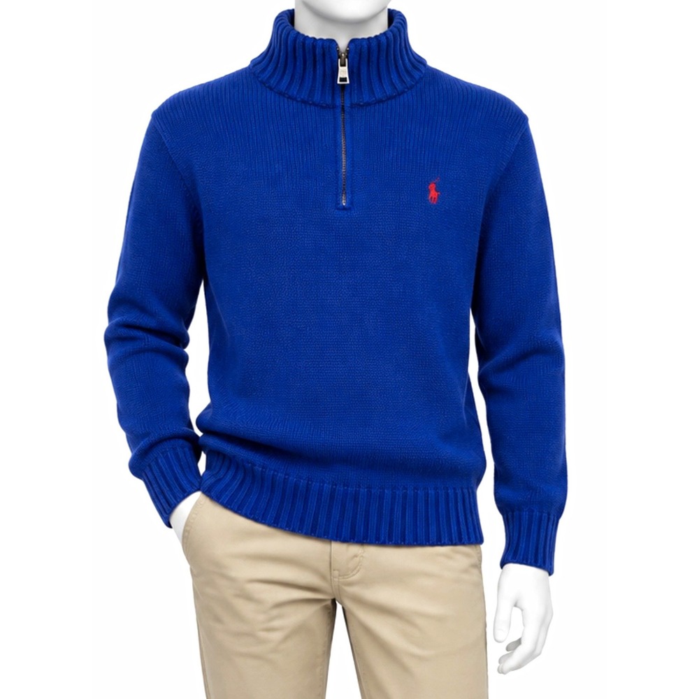 POLO RALPH LAUREN Boys Blue Cotton Knit 1/4 Zip Mock Neck Sweater L 14 Pullover